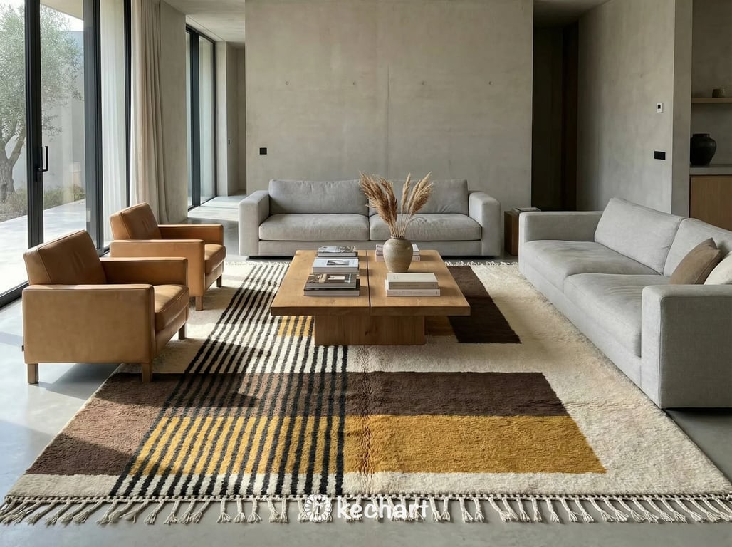 A long custom runner rug with geometric diamond patterns adding warmth and texture to a hallway or entryway setting.