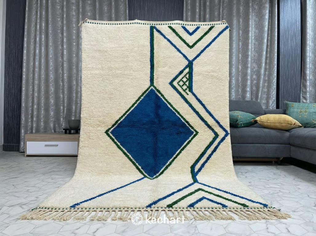 Custom Made Beni Ourain Rug - Moroccan Blue & Fir Green Diamond Wool Rug
