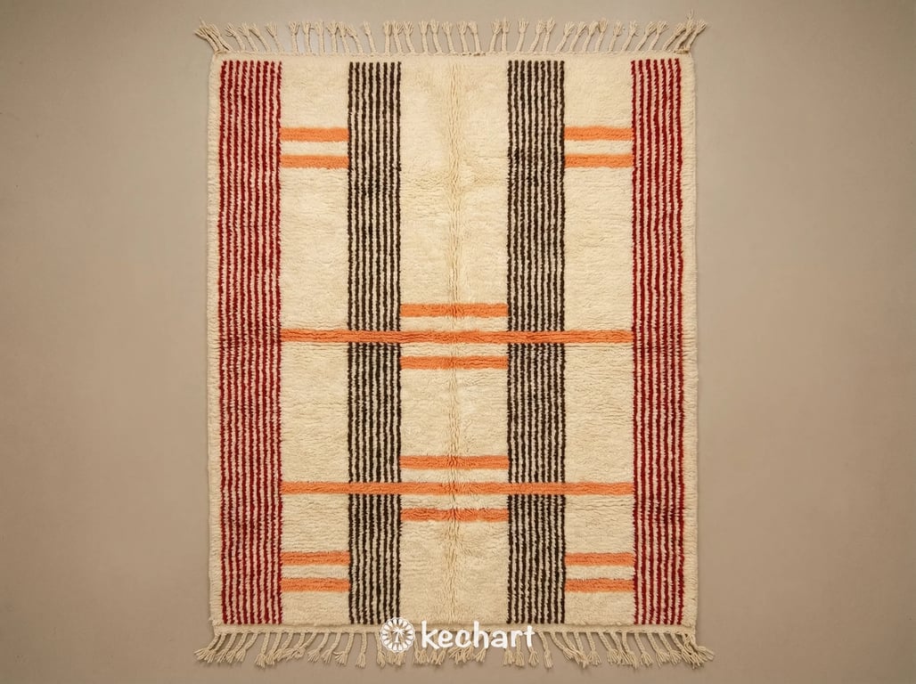 Custom Beni Ourain Moroccan wool rug flat lay showing plush texture and geometric diamond pattern in warm crimson red, tangerine orange, chocolate fondant, and cream hues with traditional fringe.