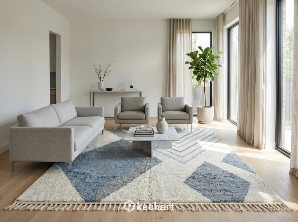 Close-up detail shot of the deep, shaggy wool pile and hand-knotted quality of a custom grey Beni Ourain rug showing texture variations.
