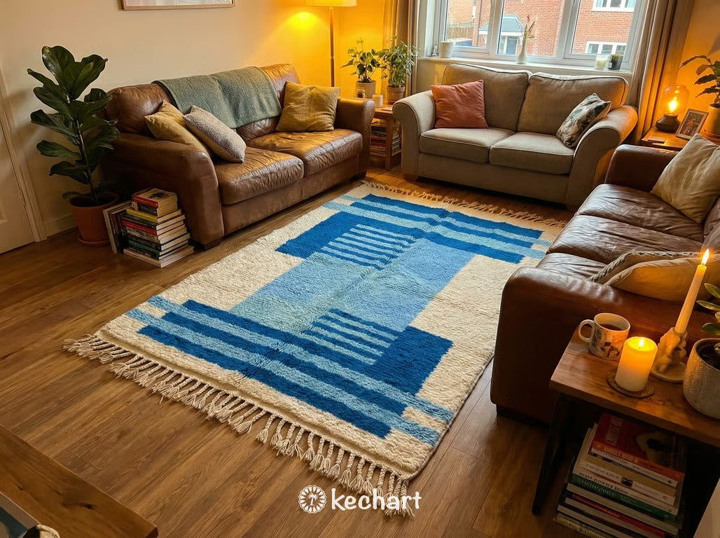 Custom Beni Ourain Rug - Handwoven Cream & Blue Wool - Made to Order