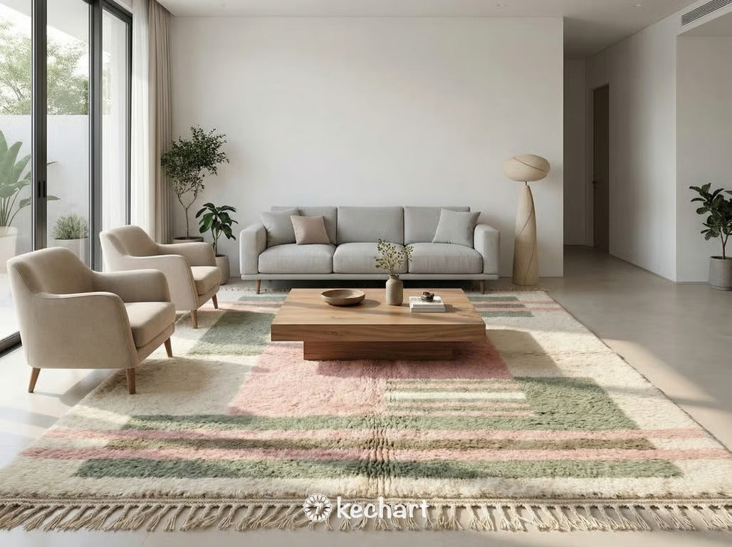 Large custom Moroccan shag rug with pastel geometric patterns anchoring a bright, modern living room setting with a neutral linen sofa.