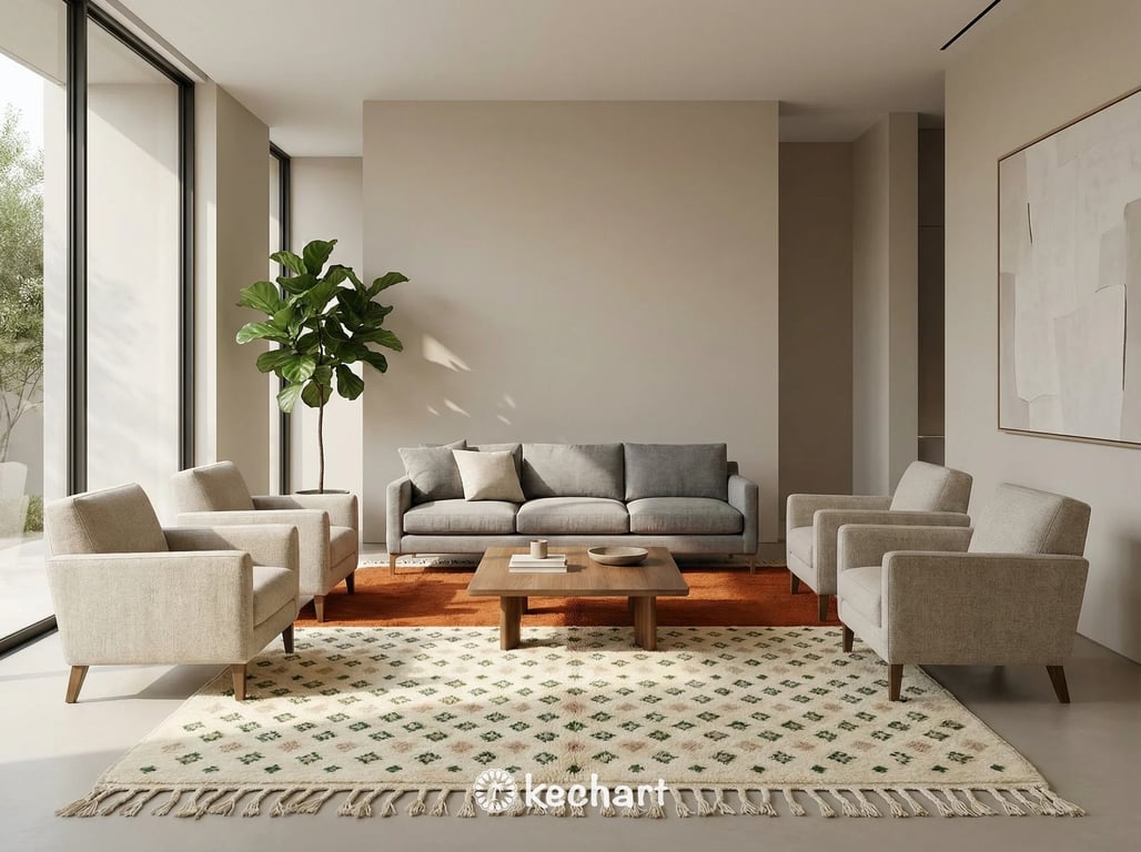 Cozy master bedroom featuring a shaggy custom Moroccan wool rug at the foot of a bed, bringing warmth and texture with its muted rust and green diamond patterns.