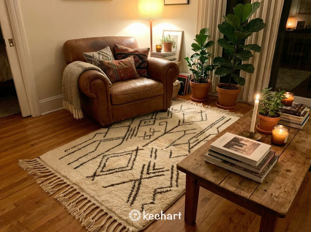 Custom Size Beni Ourain Rug - Handmade Moroccan Wool, Cream & Beige Diamond Pattern