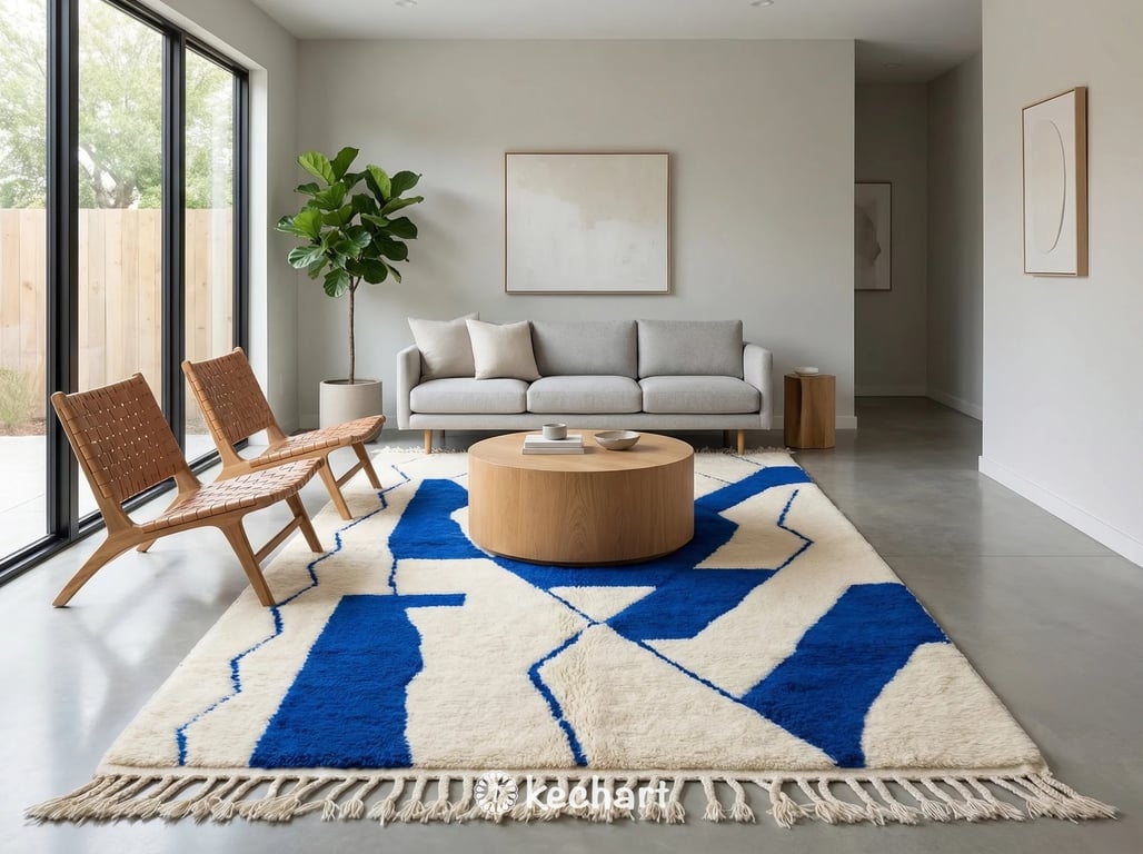Large bespoke Moroccan wool rug in a bright bedroom setting, placed partially under a king-size bed to add warmth and texture.
