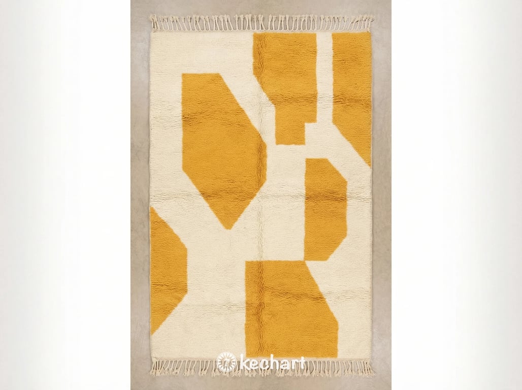 Custom made Beni Ourain Moroccan wool rug featuring a plush natural cream base with vibrant saffron yellow geometric diamond patterns and traditional fringed edges. Handwoven artisan textile.