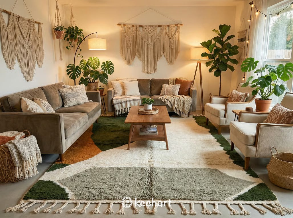 A smaller runner size custom Moroccan rug with green and brown geometric designs welcoming guests in a modern farmhouse entryway.