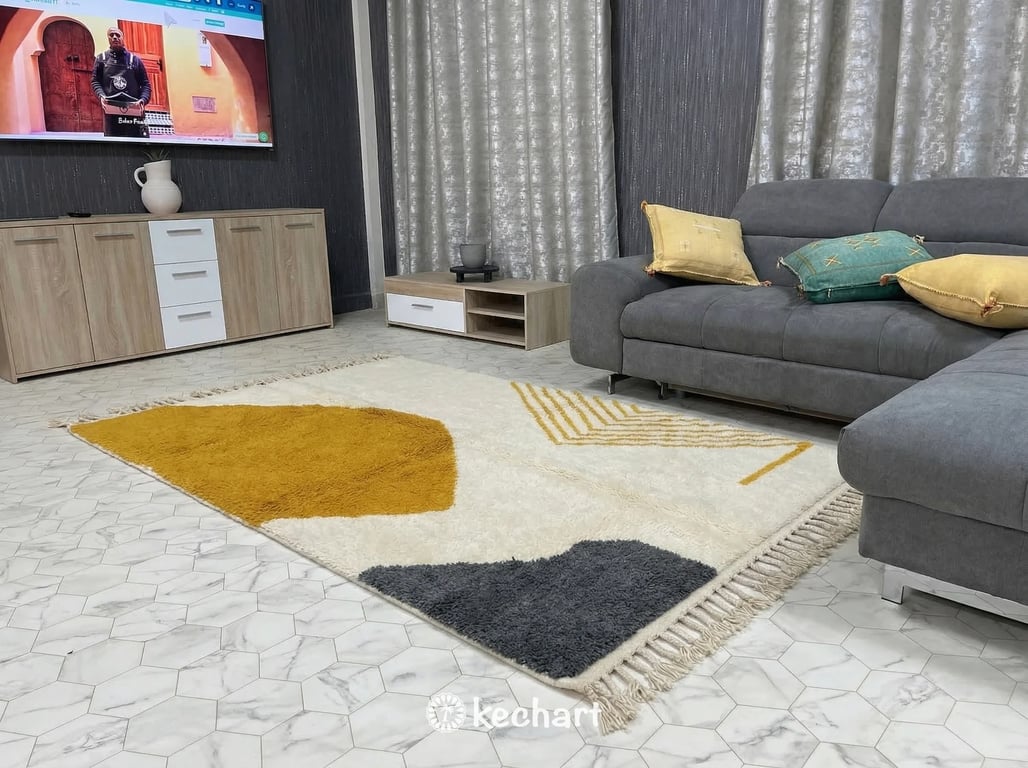 Handwoven Custom Beni Ourain Rug - Natural Cream & Curry Yellow Wool