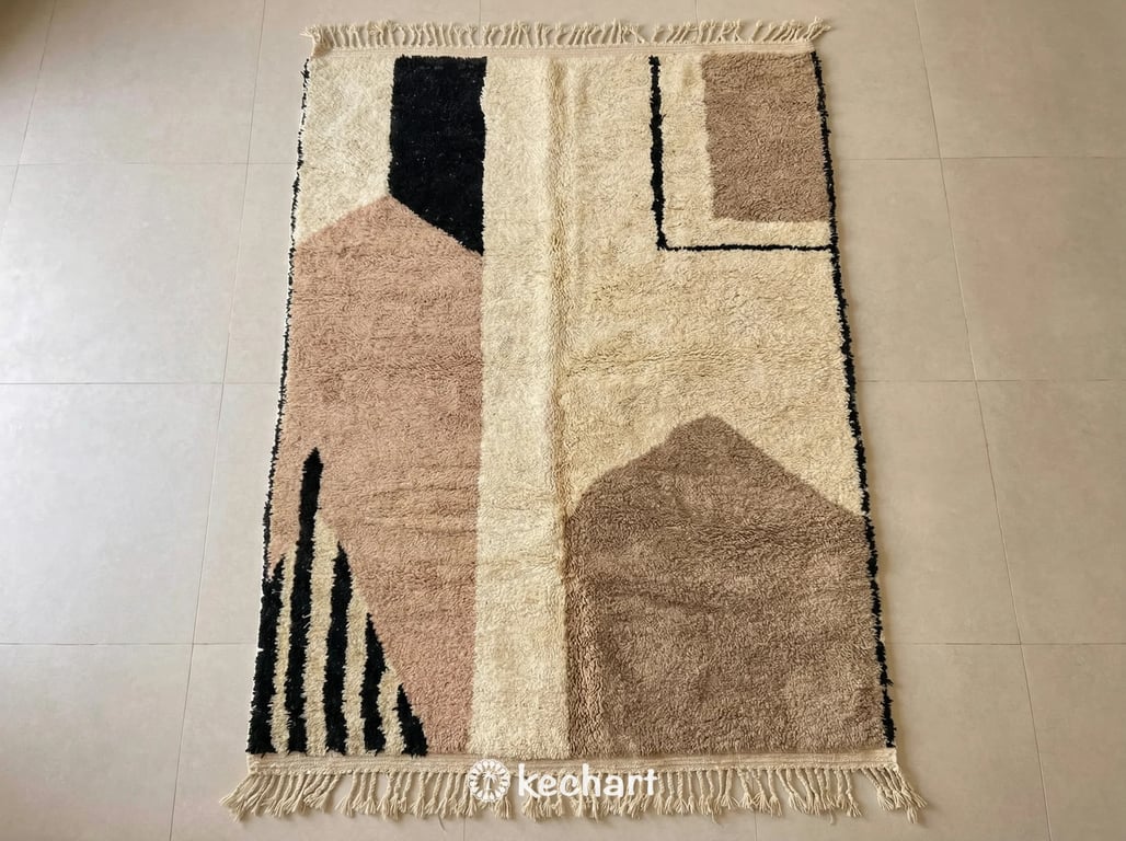 Custom made Beni Ourain Moroccan rug flat lay, showing plush sheepskin wool texture in soft white and warm cream with medium density geometric diamond pattern and traditional fringe.