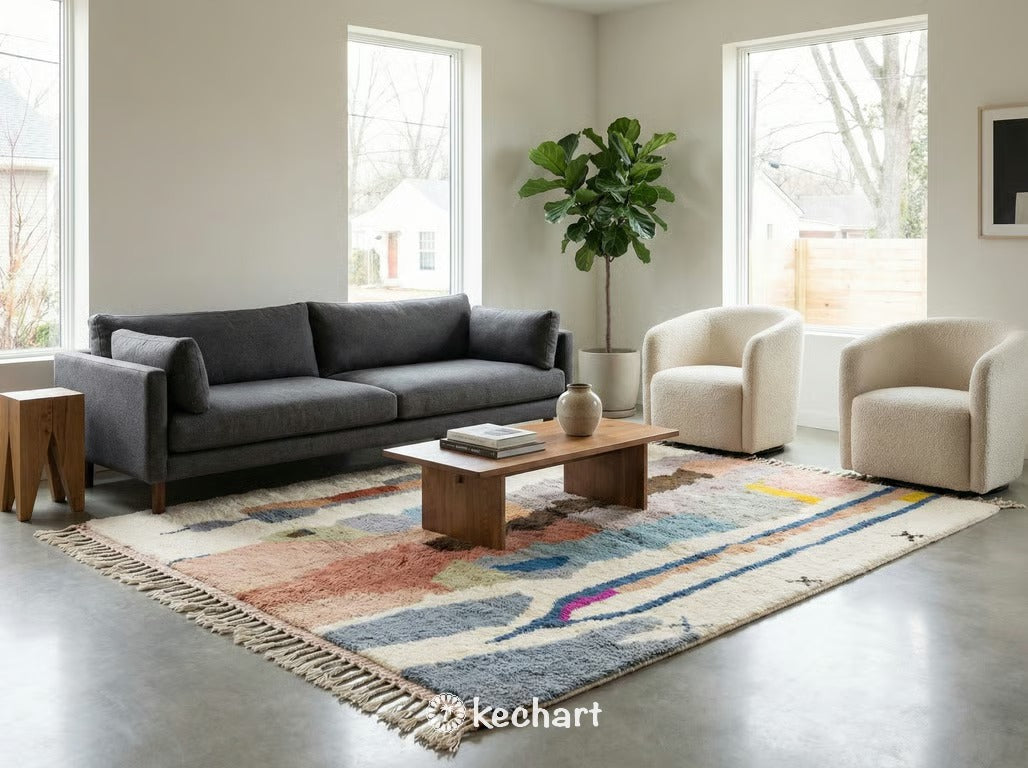 Soft sheepskin-style Beni Ourain nursery rug in white and beige, providing a cozy play area in a gender-neutral baby room.