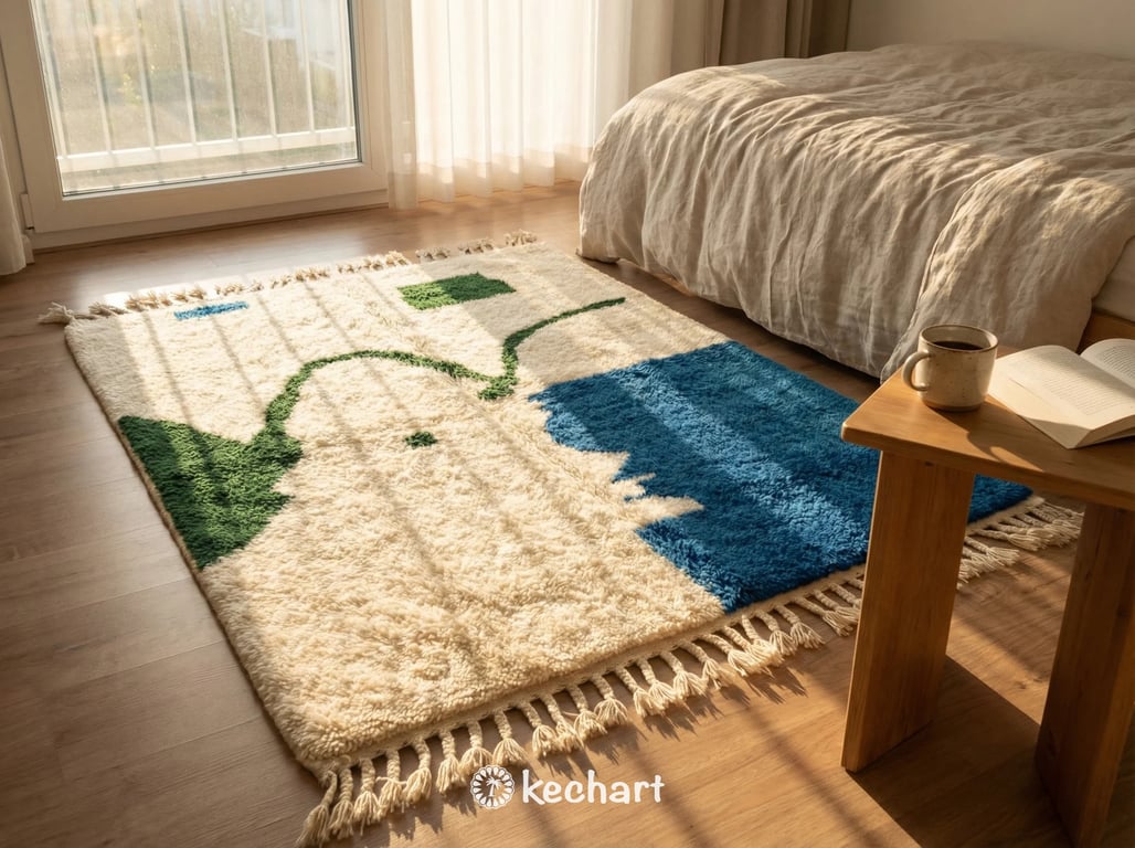Custom Size Beni Ourain Rug - Handwoven Moroccan Wool in Cream, Blue & Green