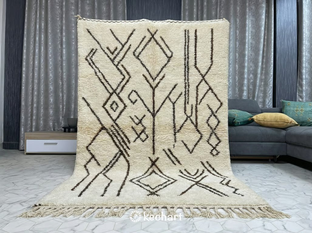 Contemporary home office featuring a bespoke Beni Ourain rug contrasting against dark hardwood floors and modern mid-century furniture.