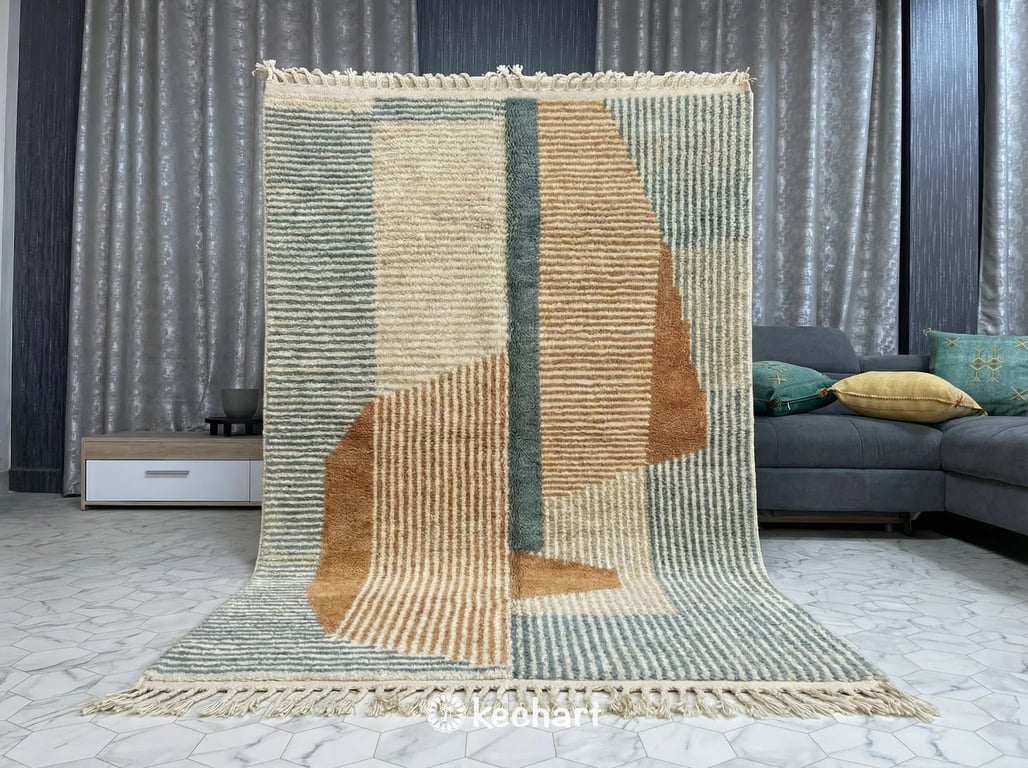 Custom Beni Ourain Rug - Handwoven Moroccan Wool in Sand, Brown & Blue Diamond Pattern