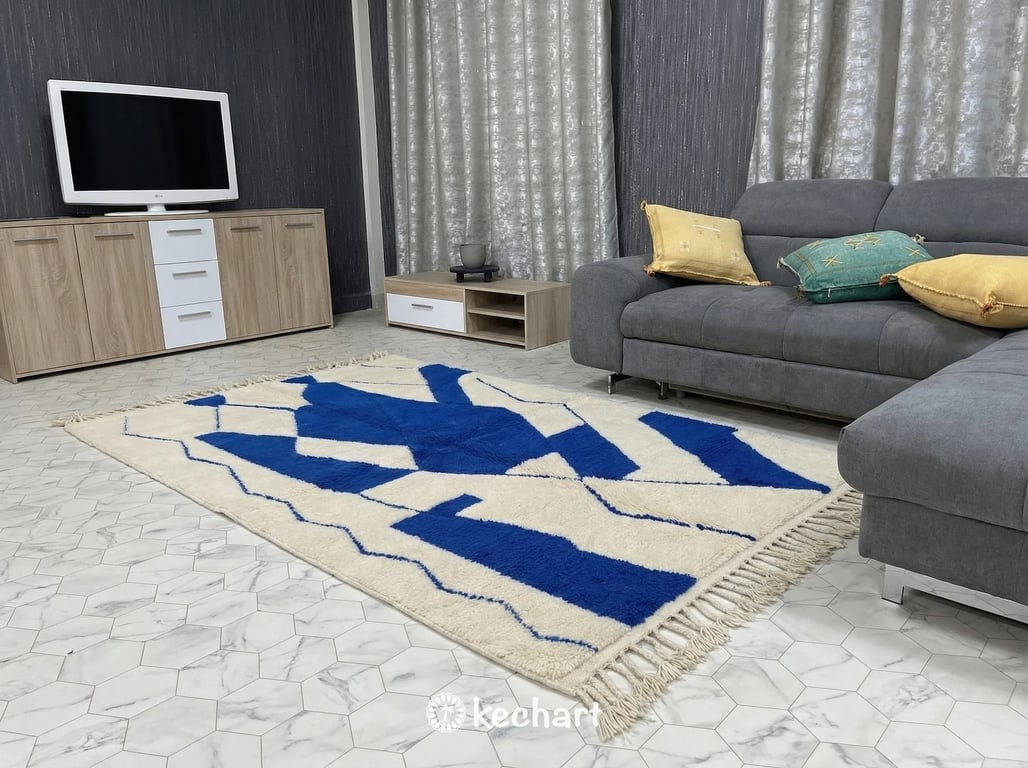 Custom Beni Ourain Rug - Made to Order Moroccan Wool Rug in Cream & Cobalt Blue