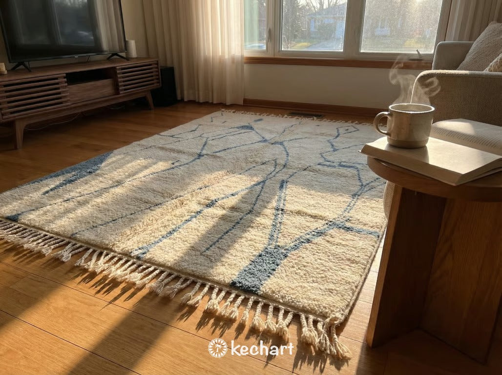 Custom Size Beni Ourain Moroccan Rug - Plush Wool with Blue Grey Diamonds