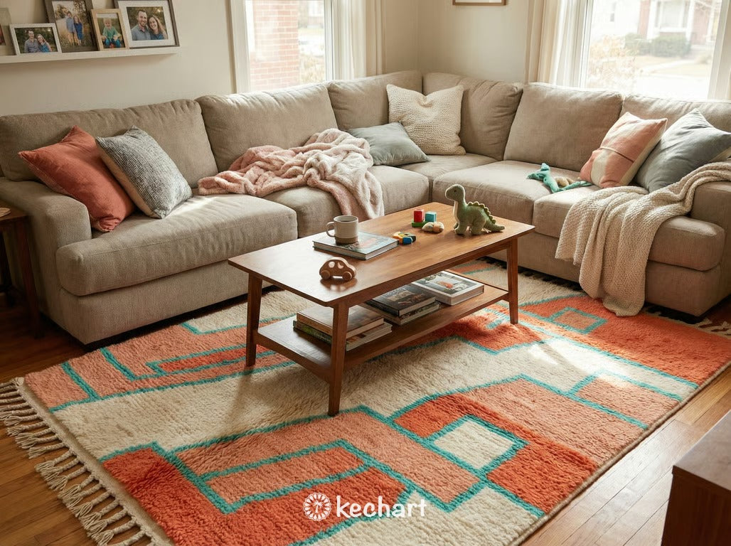 Custom Beni Ourain Moroccan Rug - Made to Order Wool Rug, Coral & Turquoise Diamond