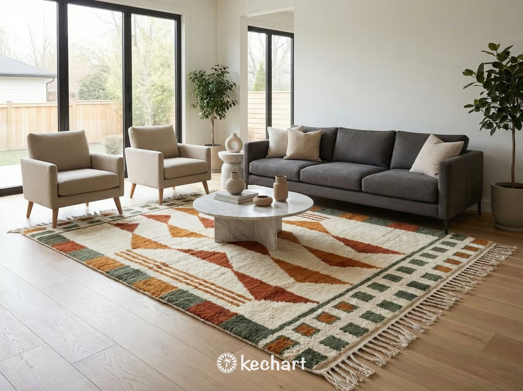 Large custom Moroccan shag rug in rust and warm neutrals grounding a contemporary living room with a linen sofa and wooden coffee table.