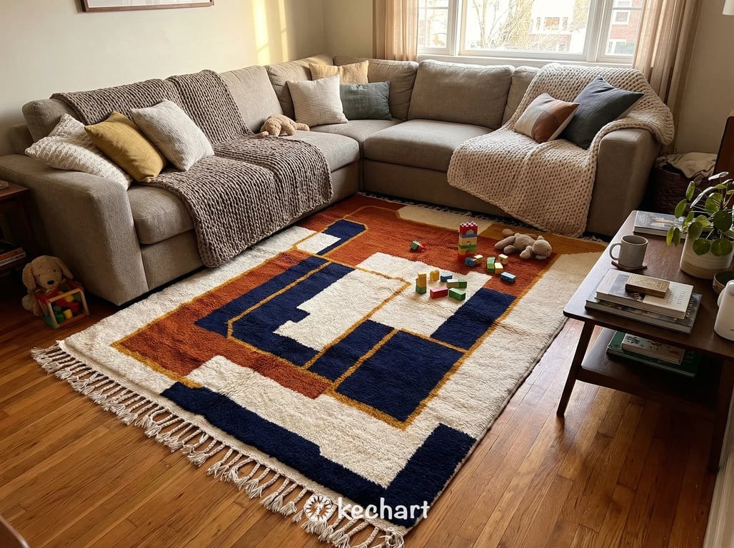 Custom Beni Ourain Rug - Made to Order Moroccan Wool with Rust & Navy Geometrics