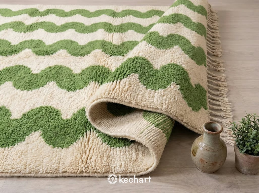 Custom Beni Ourain Rug - Handwoven Moroccan Wool in Cream & Leaf Green