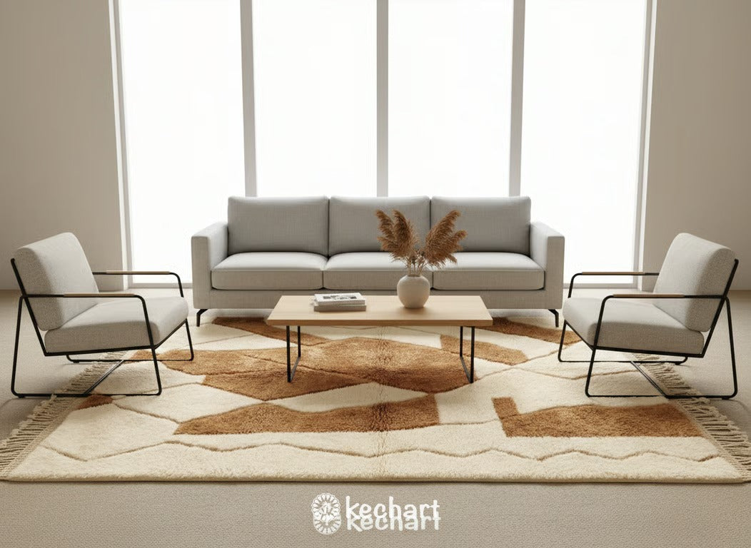 Large custom Moroccan area rug in a minimalist living room, anchoring a linen sofa and wooden coffee table, adding texture and bohemian warmth with its shag pile and geometric design.