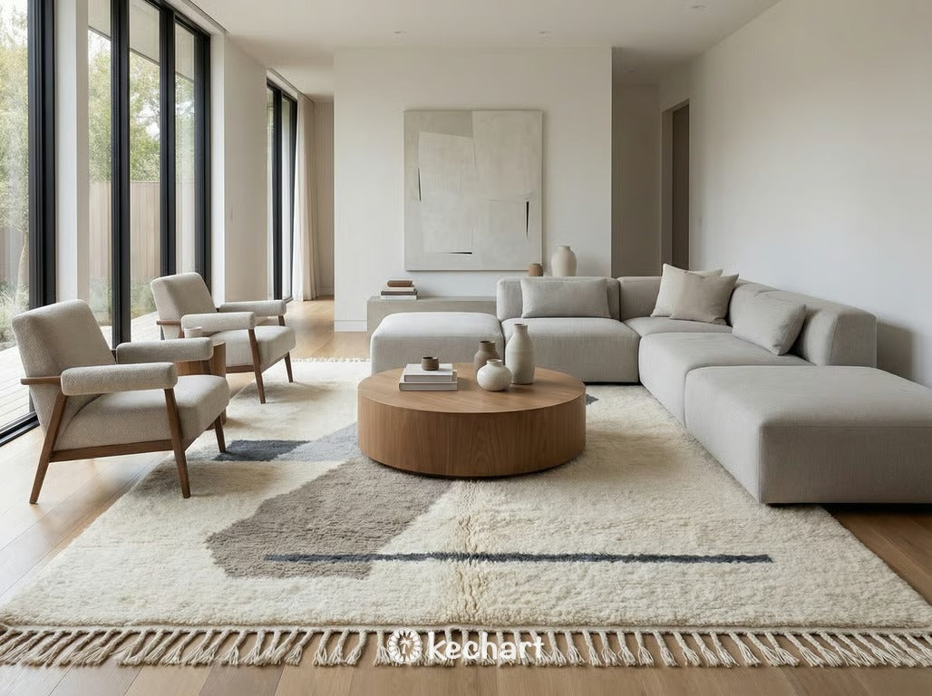 Large custom grey and white Beni Ourain area rug anchoring a modern minimalist living room setting with a linen sofa and reclaimed wood coffee table.