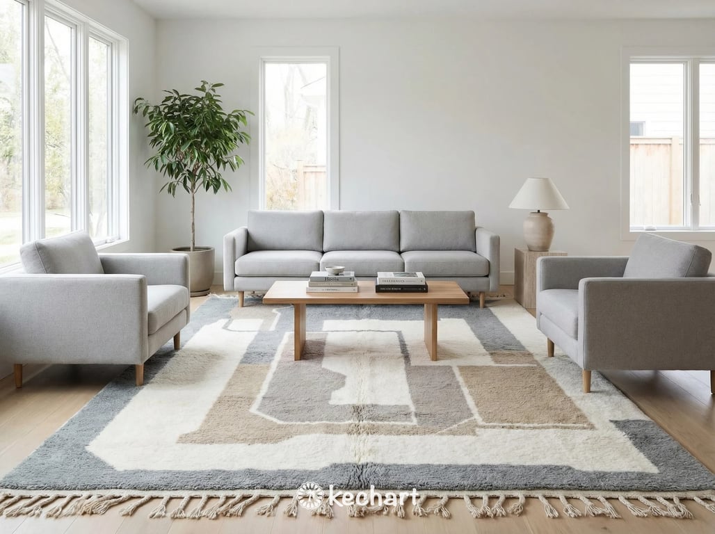 Plush Beni Ourain wool rug placed partially under a king-sized bed in a serene, neutral-toned bedroom. The soft white and sand tones complement cozy layered bedding.