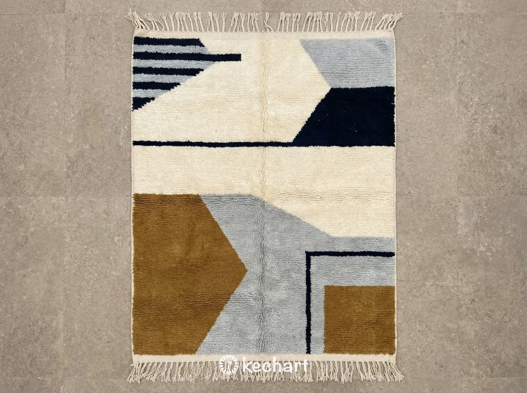 Custom made Beni Ourain Moroccan rug flat lay showing plush wool texture, traditional fringe, and geometric diamond pattern in Night Sky black, Aztec Gold, and Light Silver Grey on a Soft White base.