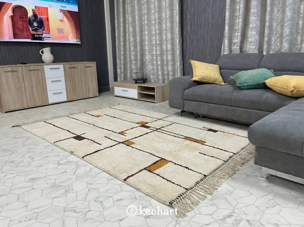 Large custom size Berber wool rug with earthy geometric motifs providing warmth to a minimalist dining room setting with natural light.