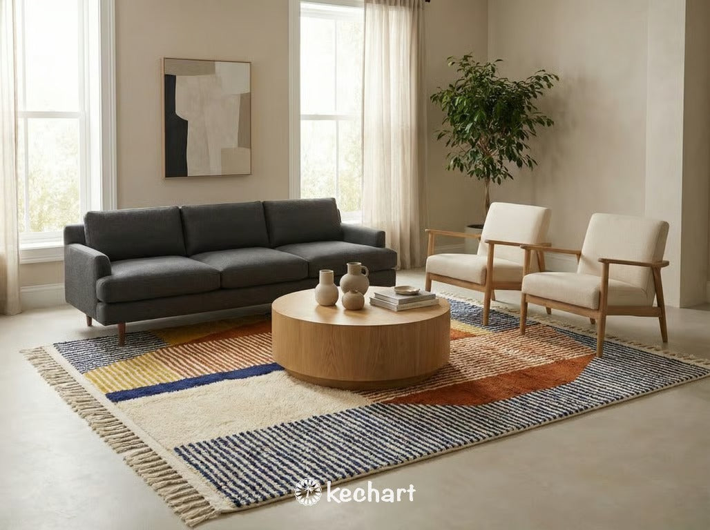 Large custom Moroccan wool area rug with rust and navy geometric diamonds anchoring a contemporary living room with a neutral linen sofa and wooden coffee table.