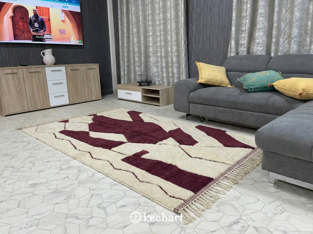 Custom Beni Ourain Moroccan Rug - Cream and Bordeaux Diamond Pattern