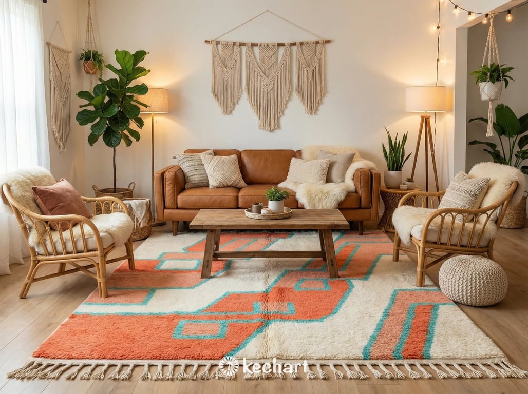 Plush Moroccan shag area rug with vibrant coral and turquoise patterns grounding a bright, bohemian living room setup with a linen sofa.