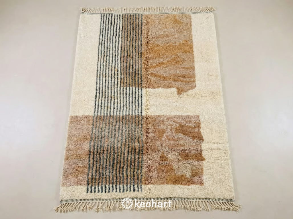 Custom Beni Ourain Moroccan Rug flat lay showing plush wool texture, geometric diamond pattern in Sierra, Saffron, Beige, and Brown earth tones with traditional fringe.
