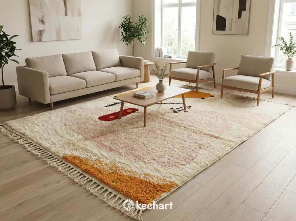 Large custom-sized shaggy wool rug in warm red and orange tones positioned partially under a bed in a cozy, layered bedroom setting.