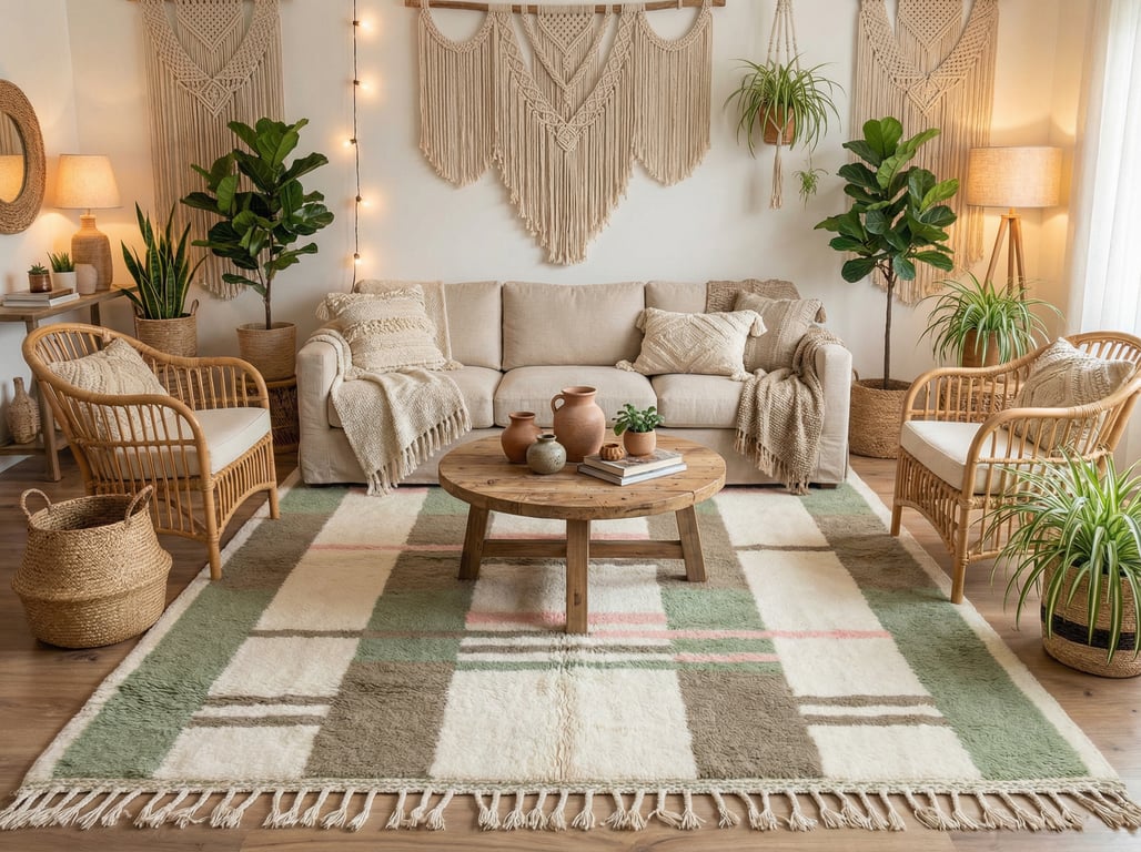 Large custom Moroccan area rug in sage green and pink tones anchoring a modern bohemian living room with a neutral linen sofa and wood coffee table.