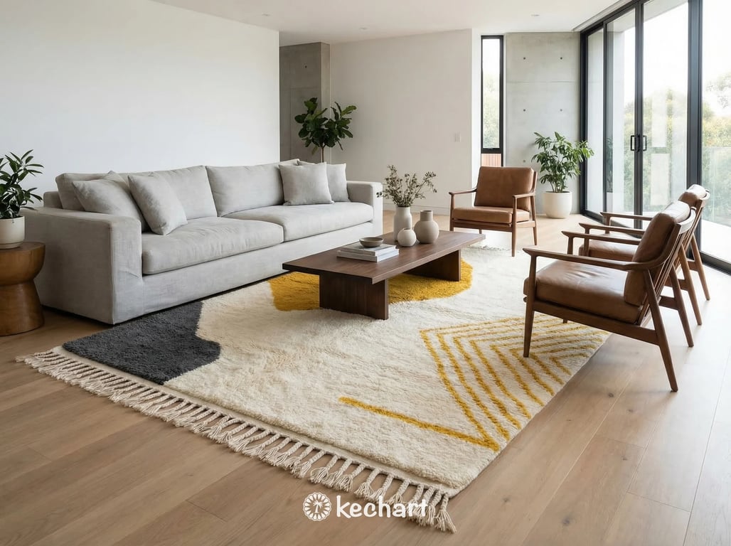 Handwoven geometric wool rug in sunny curry yellow and cream brightening a nursery or creative studio space, showcasing soft texture perfect for bare feet.