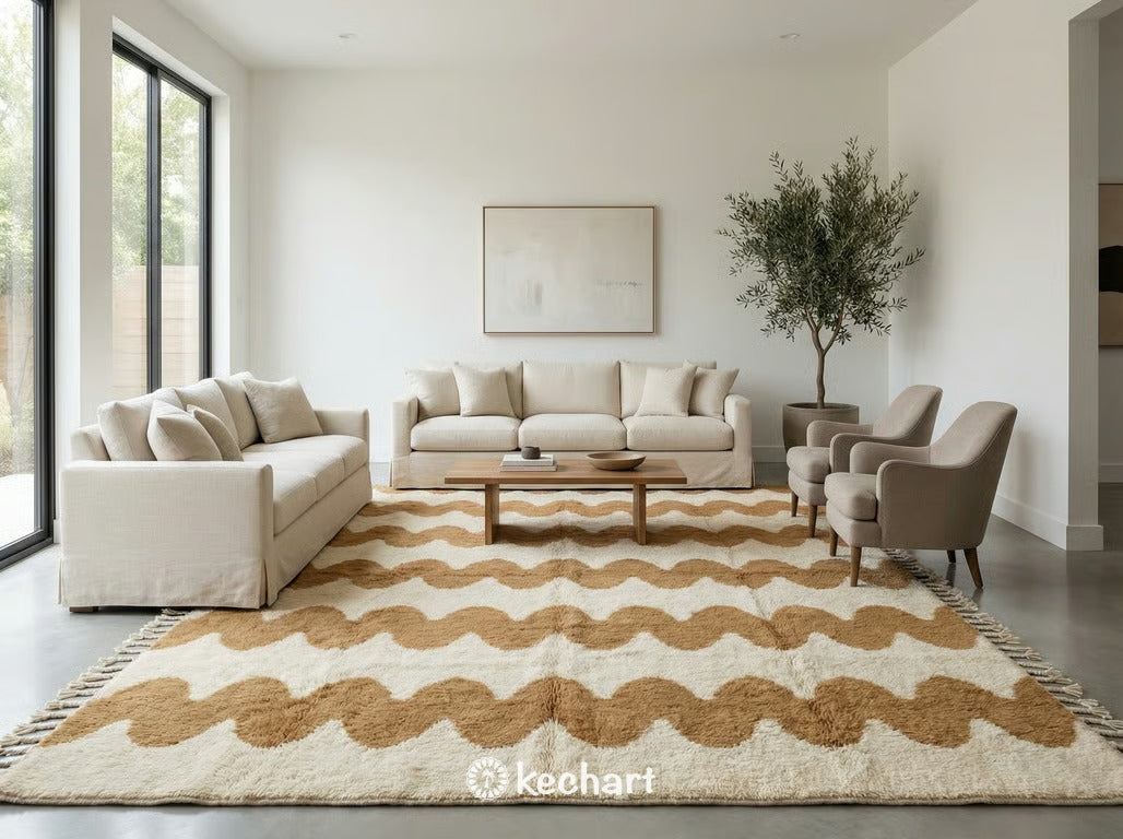 A custom sized Beni Ourain rug laid out flat, highlighting the authentic artisanal craftsmanship, natural wool texture, and unique geometric character.