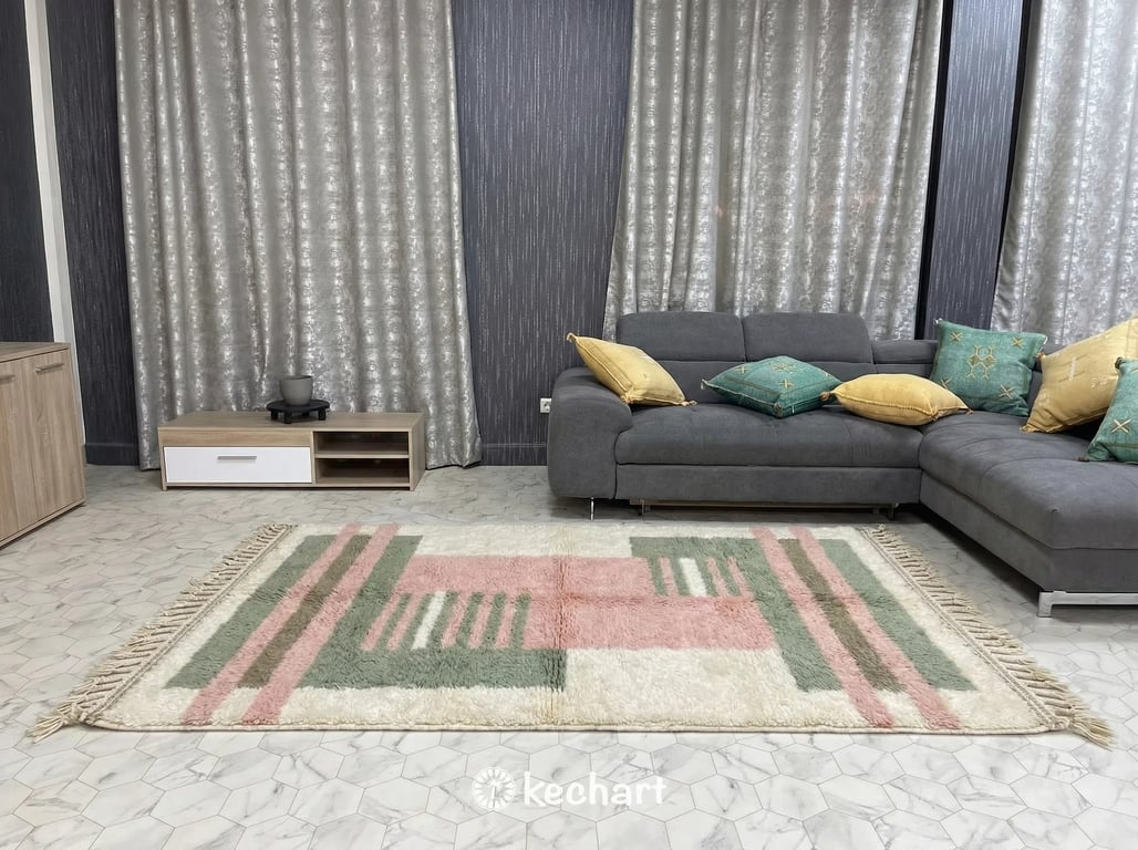 Custom Beni Ourain Rug - Made to Order Moroccan Wool, Sage & Pink Geometric