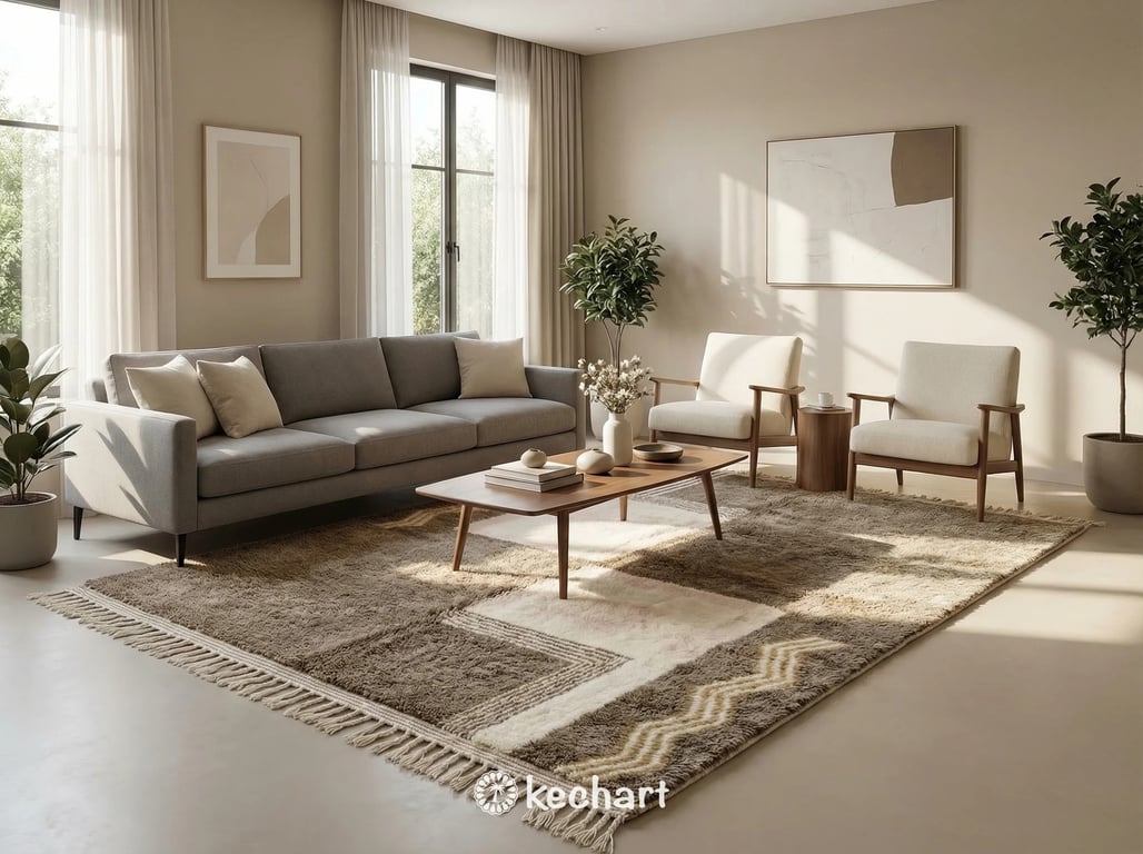 Made to order shag wool Moroccan rug placed beneath a bed in a serene, neutral-toned master bedroom sanctuary.