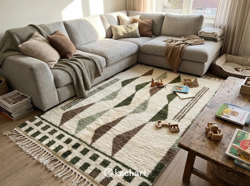 Custom Beni Ourain Moroccan Rug - Plush Wool, Olive & Sage Diamonds