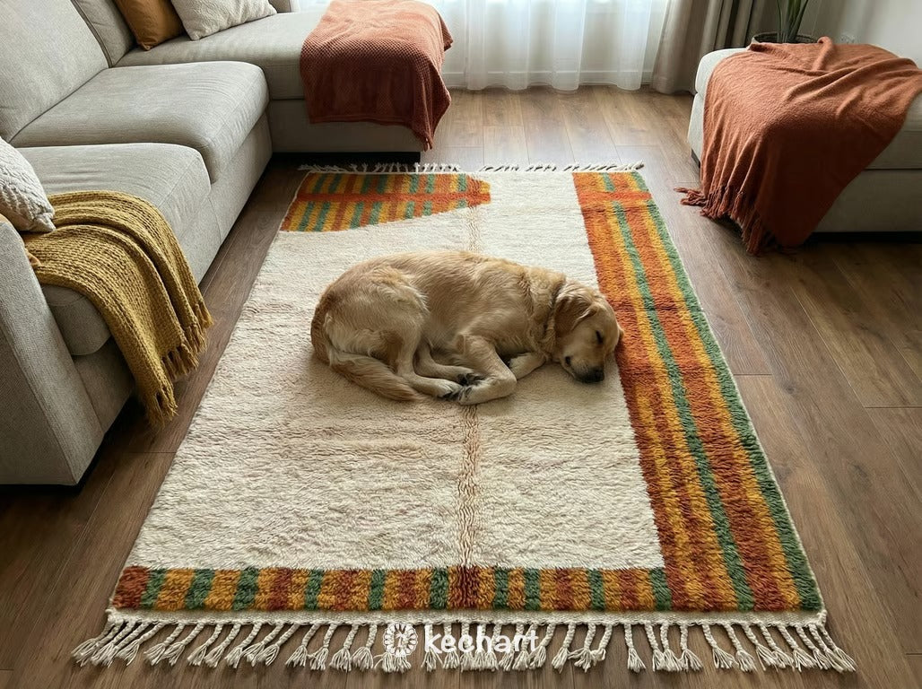 Custom Beni Ourain Rug | Handmade Moroccan Wool | Rust & Pesto Diamond Geometric