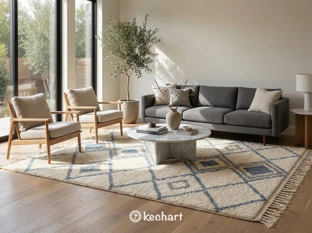 Large custom artisan rug from Morocco with flowing abstract blue and grey shapes on a cream background, defining a spacious open-plan dining area with wooden furniture.