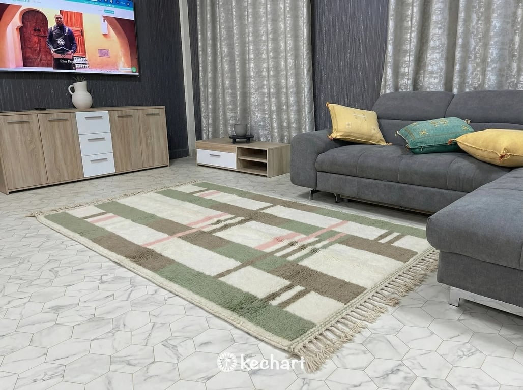 Close-up detail of the hand-knotted wool texture, traditional fringe, and the sage green and pink diamond motif of the custom Berber rug.