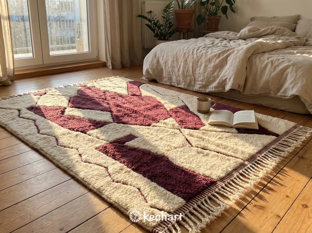 Custom Beni Ourain Moroccan Rug - Cream and Bordeaux Diamond Pattern