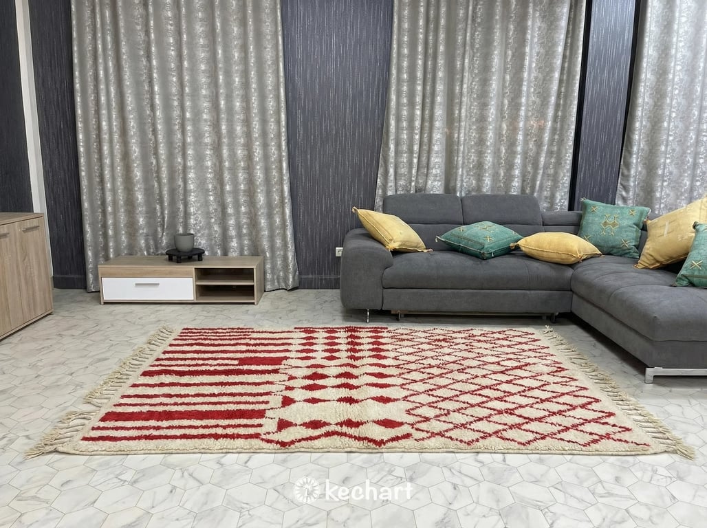 Custom Beni Ourain Rug in 'Red Alert' - Made to Order Moroccan Wool Area Rug with Geometric Diamonds