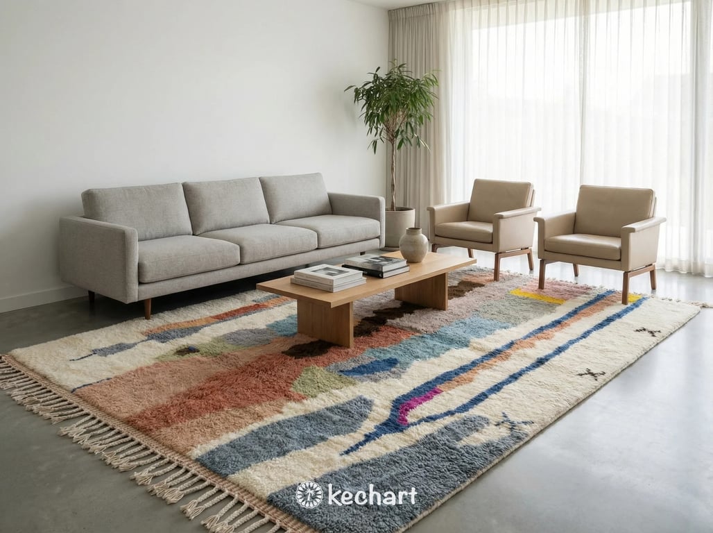 Large custom Beni Ourain area rug anchoring a modern minimalist living room with a linen sofa and wooden coffee table.