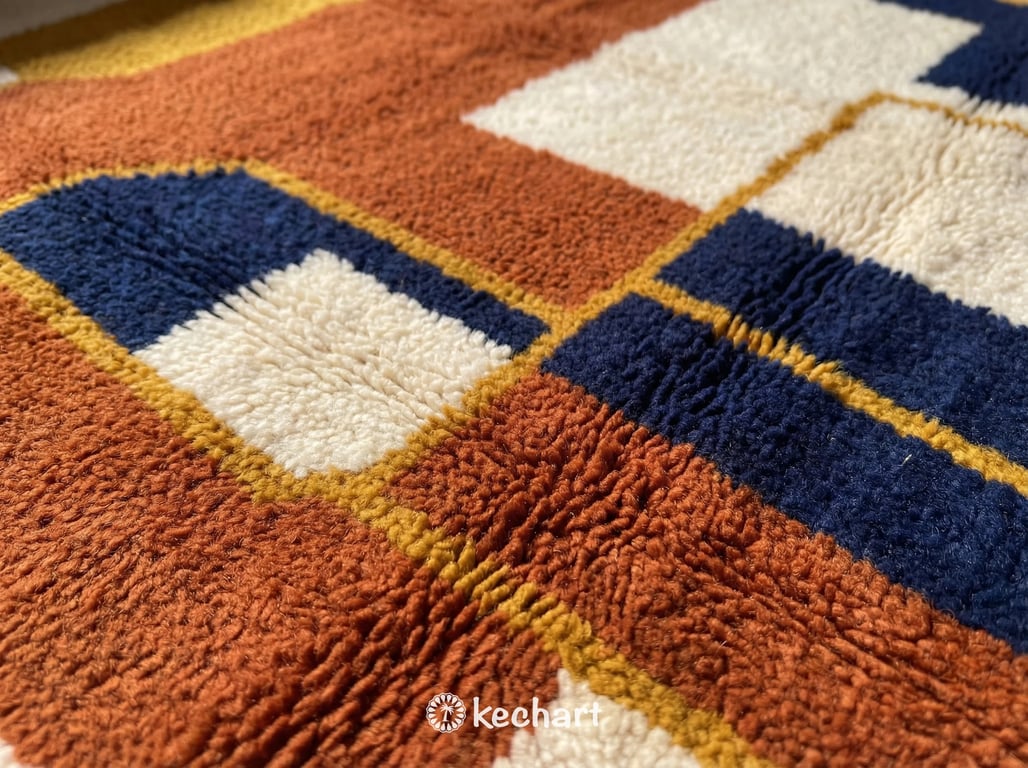 Custom Beni Ourain Rug - Made to Order Moroccan Wool with Rust & Navy Geometrics