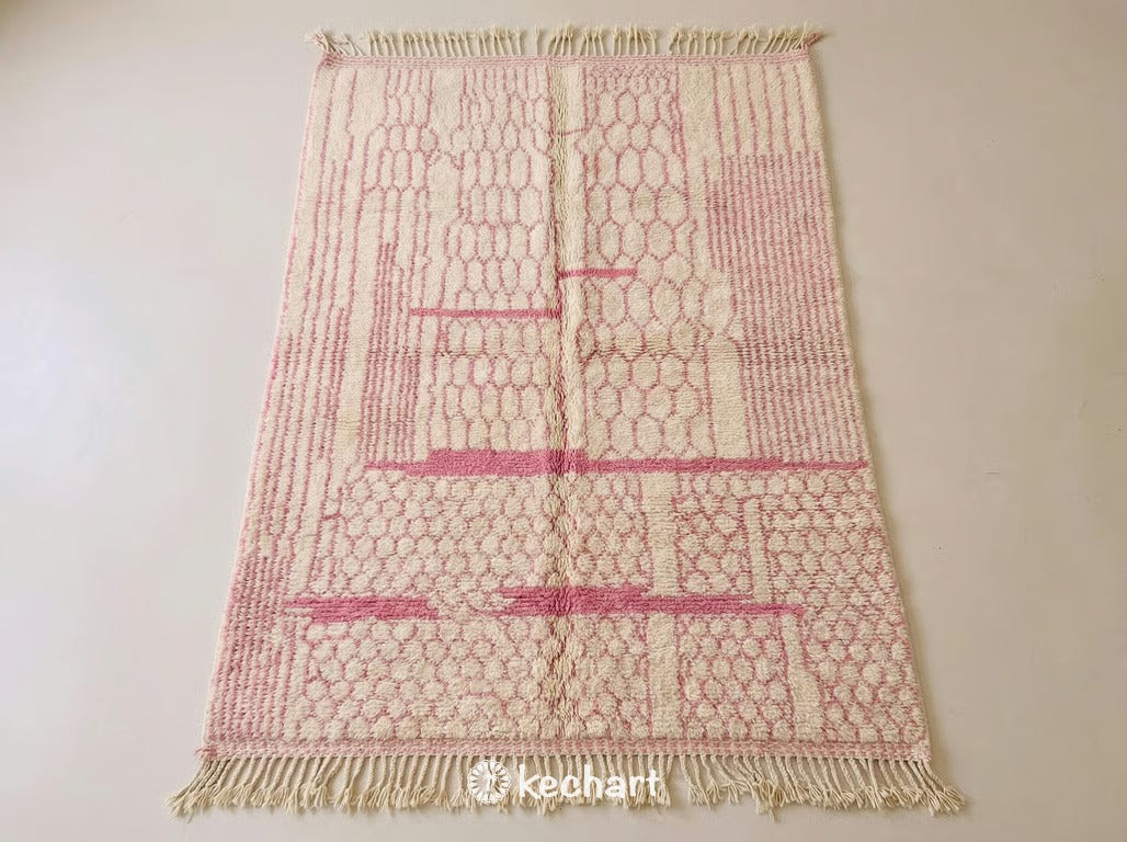 Custom Beni Ourain Moroccan Rug Handwoven Cream Wool with Pink Diamond Pattern and Traditional Fringe Flat Lay