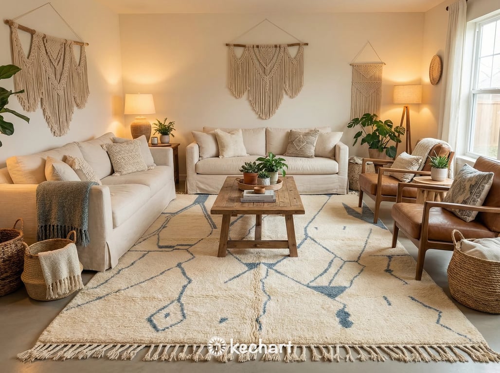 Close-up detail shot focusing on the thick handknotted wool pile and artisan craftsmanship of the custom Moroccan Berber rug in natural cream tones.