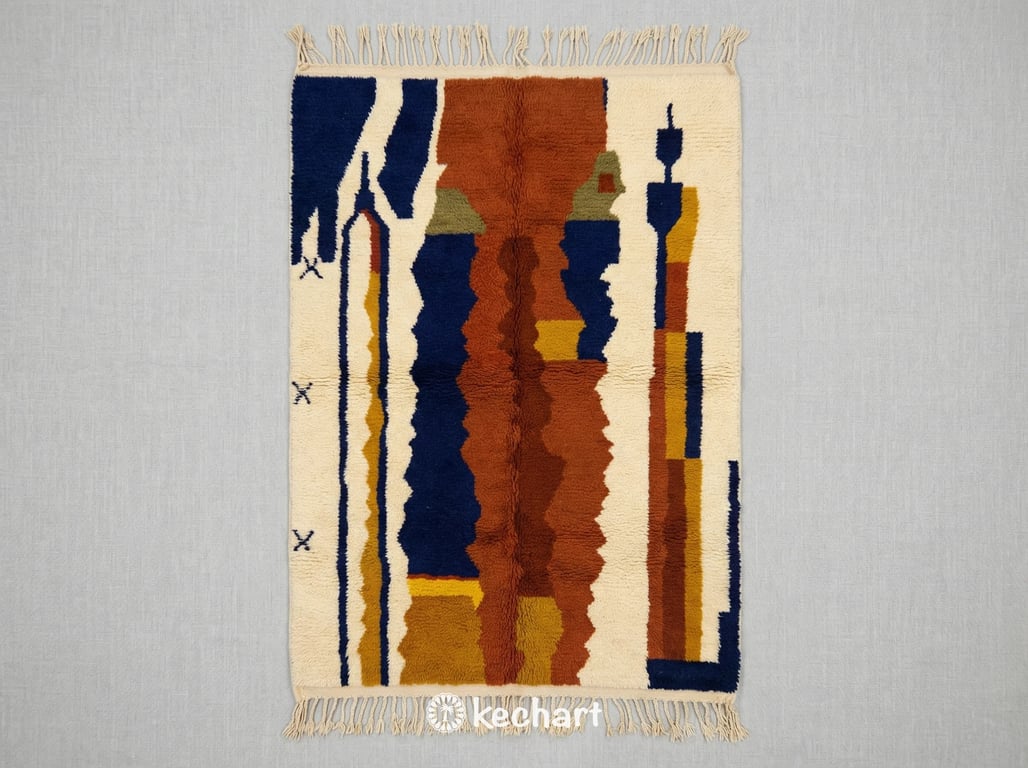 Custom Beni Ourain Moroccan wool rug showing plush geometric diamond pattern in rust, midnight navy, and curry yellow on a warm cream base with traditional fringe.