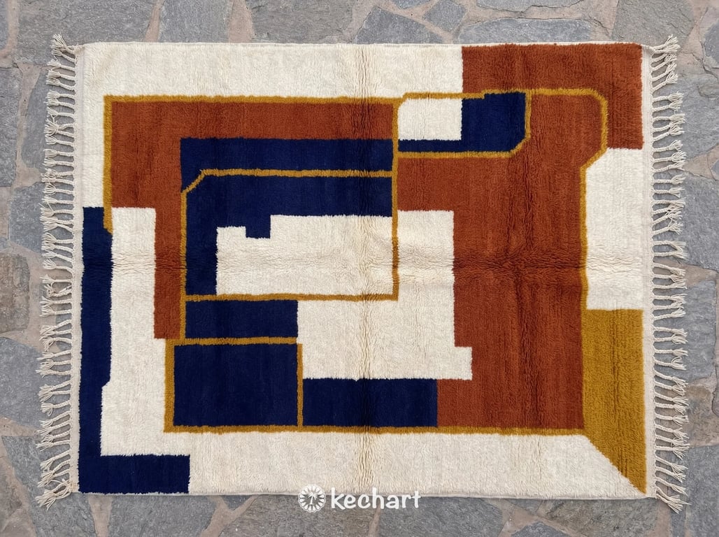 Handwoven custom Beni Ourain Moroccan wool rug featuring geometric diamond patterns in rust, midnight navy, and curry yellow on a creamy white base with traditional fringe.